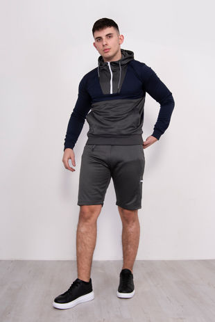 Grey Two Tone Half Zip Hooded Short Set