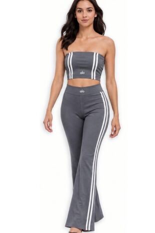 Grey Strapless Cropped Printed Top With Side Striped Flare Trouser