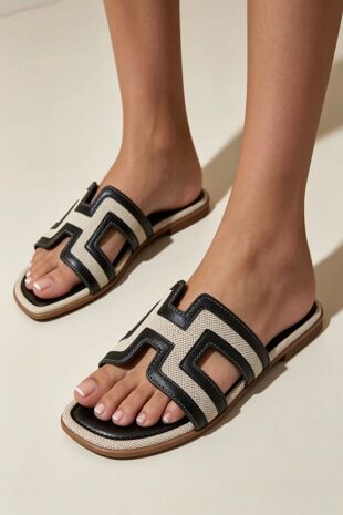 Black Trim Flat Cut-Out Sandals