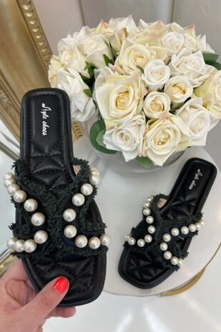 Black Fringe Trim Pearl Detailed Slider