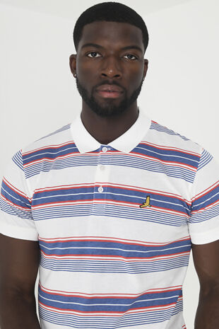 White Horizontal Striped Embroidery Detail Polo Shirt