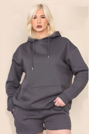 Slate Grey Oversized Fleece Hooded Short Set