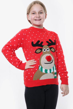 Red Kids Pom Rudolph Christmas Jumper 