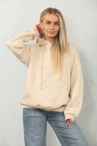 Beige Oversized Crucifix Cross Embroidered Hoodie