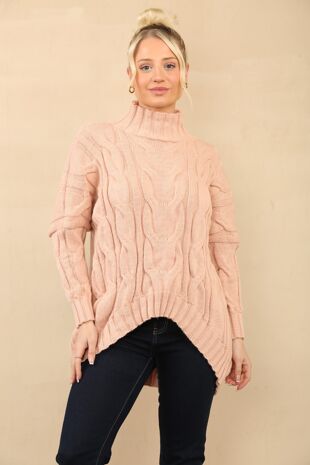 Drop Shoulder Chunky Cable Knit Roll Neck Jumper