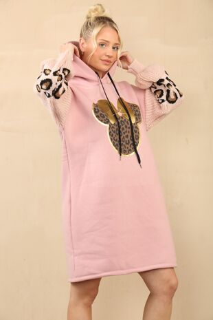 Balloon Knitted Sleeve Leopard Minnie Hooded Sweatshirt Dress