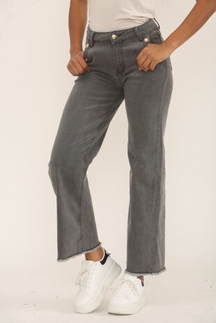 Grey Gold Button With Raw Hem Jeans