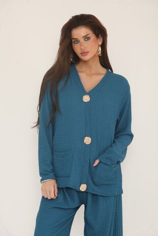 Cheesecloth Long Sleeve Gold Buttoned Top and Trousers Co-Ord Set