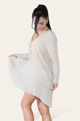 Beige Pleated Smock Hem Dress