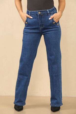 Blue Gold Buttoned Accent Wide Leg Jeans