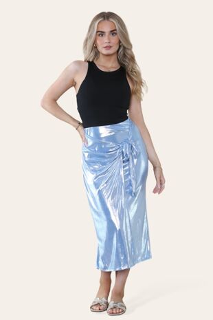 Blue Tie Waist Satin Midi Skirt
