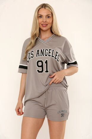 Dove Grey Contrast Short Sleeve LA Varsity T-Shirt With Short Set