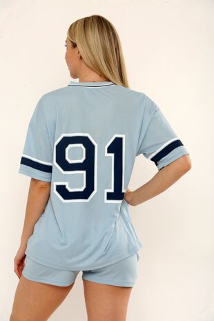 Sky Blue Contrast Short Sleeve LA Varsity T-Shirt With Short Set