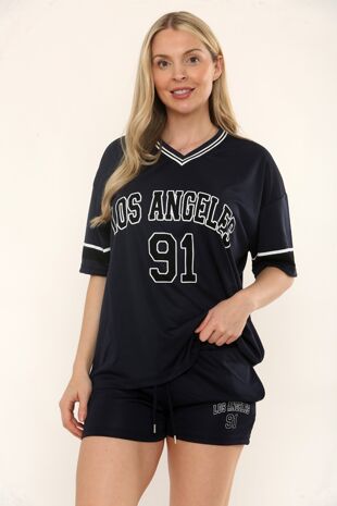 Navy Contrast Short Sleeve LA Varsity T-Shirt With Short Set