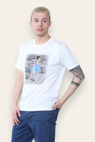 Cream Skate Bear Printed T-Shirt
