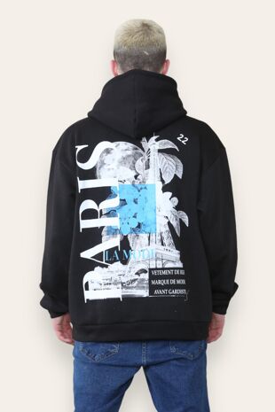Black Oversized Paris Graphic Back Print Hoodie