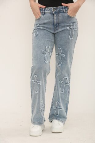 Blue Wide Leg Distressed Cross Patch Denim Jeans