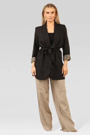 Black Leopard Cuff Print Belted Mid Length Blazer Jacket