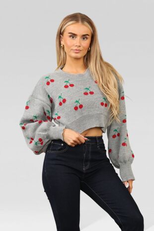 Grey Knitted Cropped Cherry Print Jumper