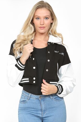 Black Crop Contrast Sleeve Hooded Varsity Jacket