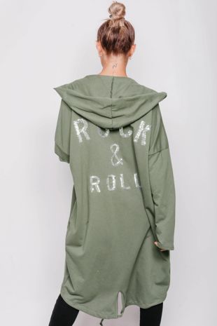 Khaki Sequin Rock & Roll Hooded Cardigan