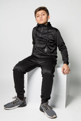 Kids Black Half Zip Pocket Front Tracksuit