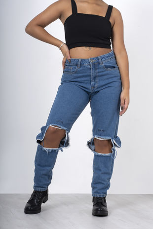 Dark Blue Open Ripped Knee Mom Jeans