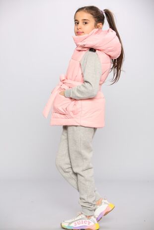 Girls Pink Pocket Front Tie Waist Puffer Gilet