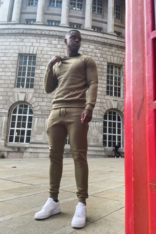 Khaki Fleece Basic Crew Neck Tracksuit