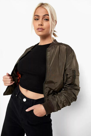 Khaki Ruched Sleeve Bomber Jacket