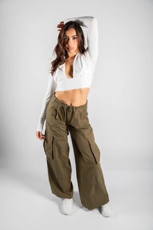 Khaki Wide Leg Cargo Trousers With Drawstring Waist