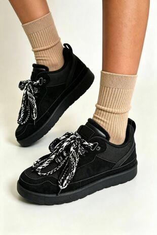 Black Suede Faux Fur Lined Lace-up Low Top Trainers
