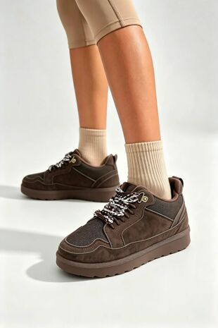 Brown Suede Faux Fur Lined Lace-up Low Top Trainers