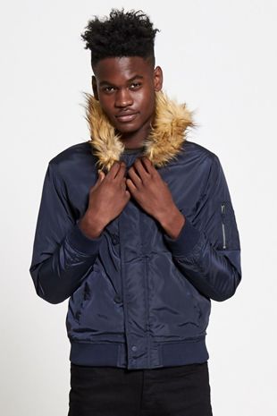 Navy Fleece Lined Fur Hood Bomber Jacket