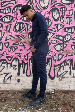 Navy Multi Zip Muscle Fit Hooded Skinny Tracksuit