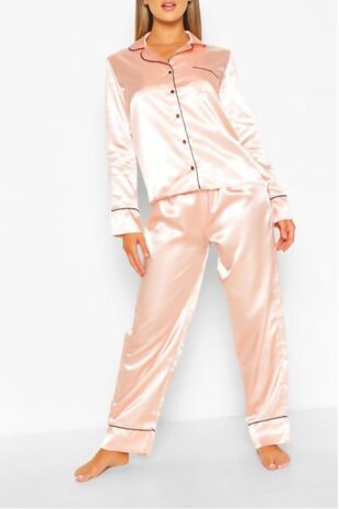 Nude Long Sleeve Piped Satin Pyjama Set