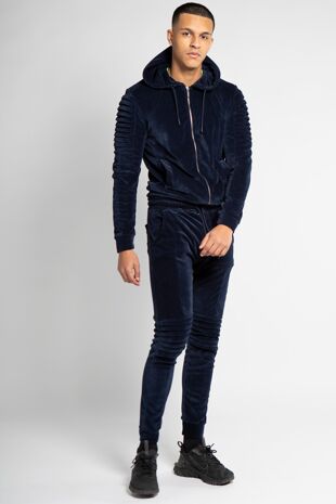 Navy Velvet Biker Ribbed Padding Skinny Fit Tracksuit