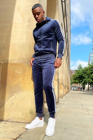 Navy Velvet Twin Side Stripe Hooded Skinny Tracksuit