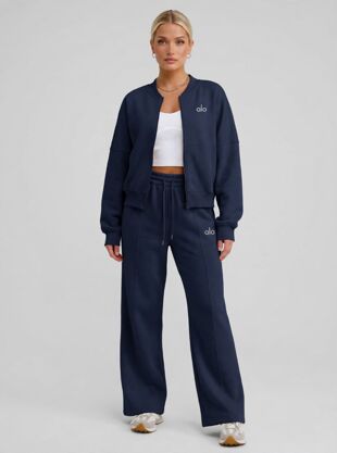 Navy Printed Bomber Sweatshirt With Straight Leg Jogger