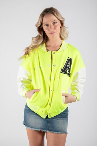 Neon Green Letter Patched Contrast Sleeve Varsity Jacket