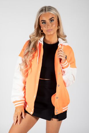 Orange Contrast Sleeve Hooded Varsity Jacket