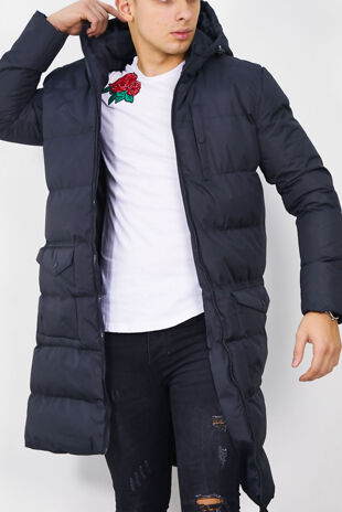Navy Padded Hood Longline Parka Size L
