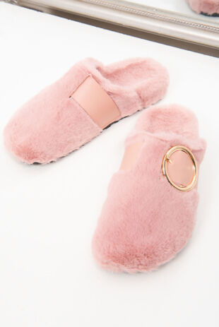 Pink Fluffy Faux Fur Buckle Mule