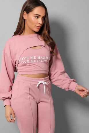 Pink Love Me Harder Crop Top 3 Piece Tracksuit
