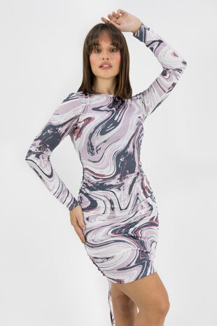 Pink Marble Print Ruched Bodycon Dress