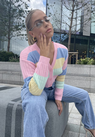 Pink Rainbow Pointelle Button Cardigan