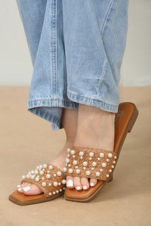 Tan Pearl Detail Raffia Mule Sandals