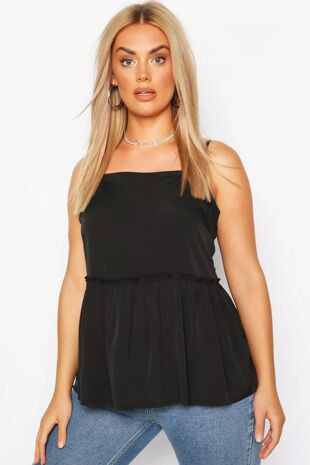 Plus Size Black Square Neck Ruffle Hem Cami Top
