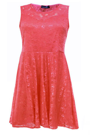 Plus Size Coral Sleeveless Floral Lace Skater Dress