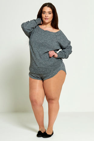 Plus Size Dark Grey Marl Knit Jumper And Short Set 